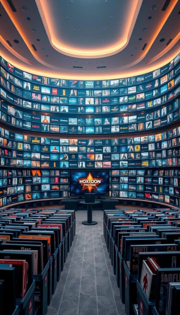 A majestic, sprawling content library of the Hoxtoon Provider, showcasing an abundance of entertainment options. In the foreground, rows of neatly organized streaming titles, each beckoning to be explored. The middle ground features a sleek, modern interface, inviting users to effortlessly navigate the vast collection. In the background, a warm, inviting ambiance with soft lighting and subtle details, creating a sense of comfort and accessibility. The overall composition conveys a feeling of expansive possibilities, where the viewer is immersed in the Hoxtoon Provider's vast, premium IPTV experience.