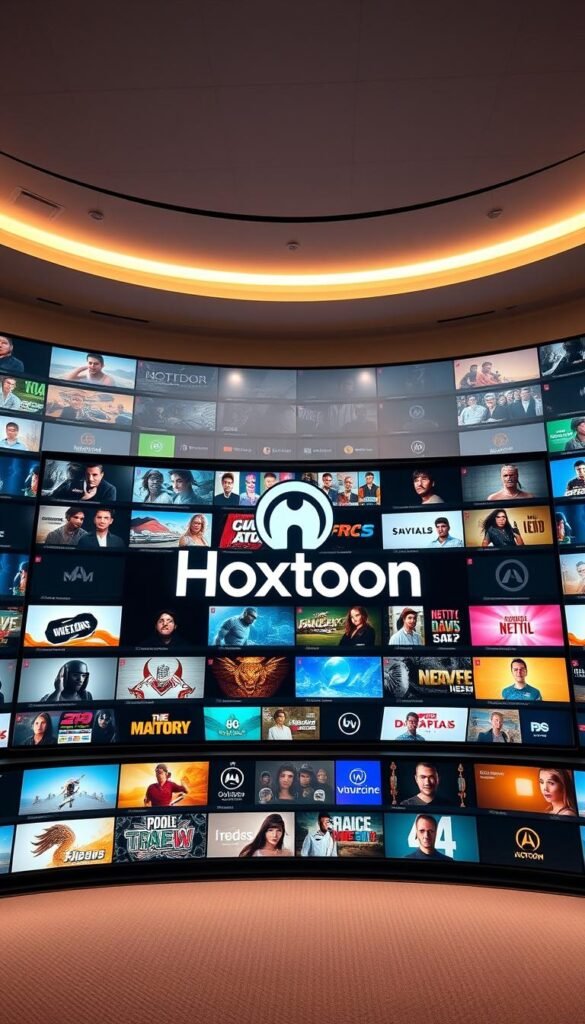 A massive IPTV service interface showcases Hoxtoon Provider's impressive content library, featuring over 21,000 live channels across diverse genres. The sleek, minimalist UI highlights the service's smooth streaming capabilities, with a visually stunning layout that draws the eye to the vibrant channel thumbnails. Soft lighting creates a warm, inviting atmosphere, while the camera angle offers a wide, immersive perspective, emphasizing the sheer scale and depth of the content available. The Hoxtoon Provider logo stands prominently in the center, conveying a sense of professionalism and reliability.