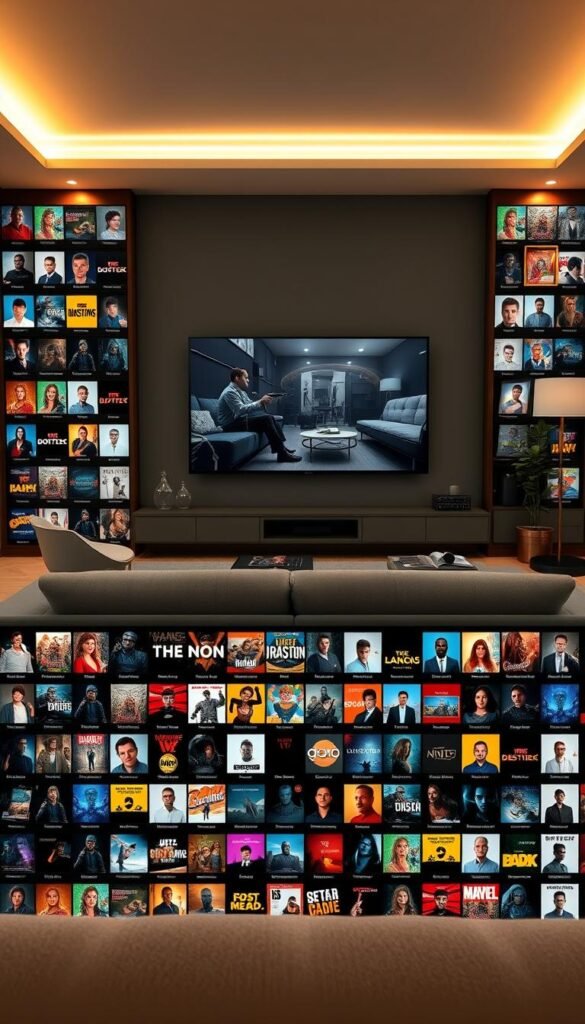 A massive TV and movie library in a sleek, modern interface, showcasing the Hoxtoon Provider brand. Rows of high-quality thumbnails in the foreground, with a stylish living room scene in the background featuring a large flatscreen TV, comfortable couch, and minimalist decor. Soft, warm lighting illuminates the space, creating a cozy, cinematic atmosphere. The composition emphasizes the breadth and quality of Hoxtoon's VOD collection, inviting the viewer to explore its vast and diverse selection of entertainment.