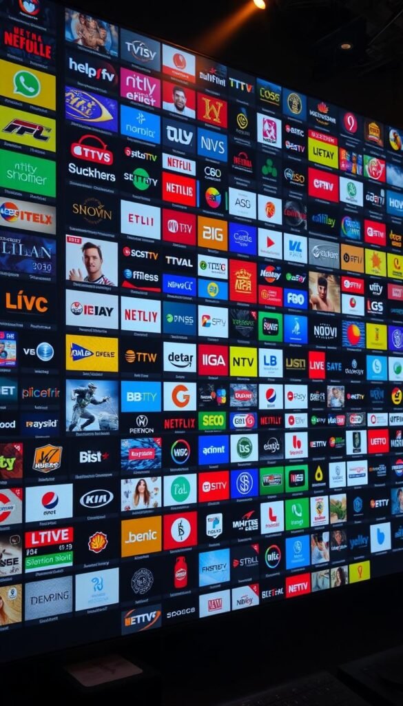 A massive digital interface displays a vast array of live IPTV channels from the Hoxtoon Provider, showcasing their impressive library of over 21,000 channels. The interface features an array of vibrant, high-definition channel logos and thumbnails, arranged in a sleek, modern layout. The scene is bathed in a warm, cinematic lighting, creating a sense of depth and dimensionality. The overall composition conveys the sheer scale and variety of content available through the Hoxtoon IPTV service, inviting the viewer to explore its boundless entertainment options.