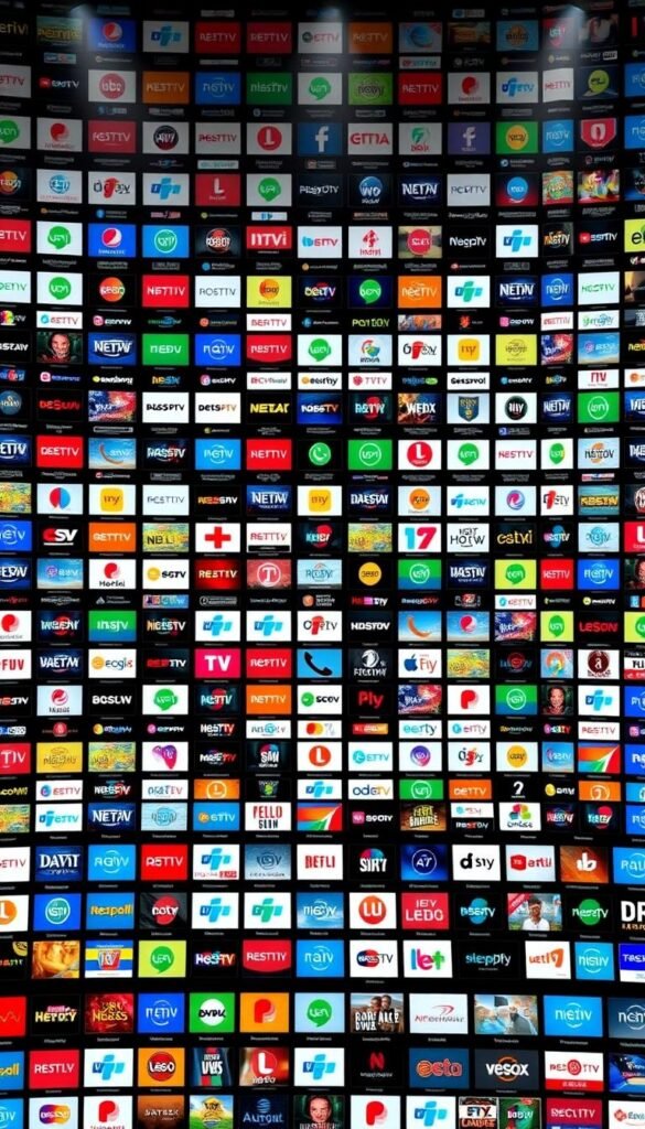 A massive grid of IPTV channel icons and logos, showcasing the extensive 21,000+ channel library of the Hoxtoon Provider. The foreground features a diverse array of channel categories and genres, each with its own distinct visual identity. The middle ground depicts a meticulously crafted mosaic of channel thumbnails, creating a sense of depth and complexity. The background is a sleek, minimalist gradient, allowing the channel icons to take center stage. The lighting is soft and evenly distributed, highlighting the vibrant colors and details of the channels. The overall composition conveys the sheer scale and variety of Hoxtoon's impressive IPTV offering, inviting the viewer to explore its expansive possibilities.