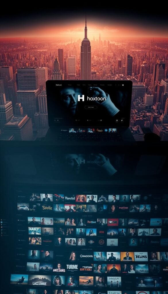 A massive, high-quality video library of over 150,000 titles, showcased within a sleek, cinematic interface. The Hoxtoon Provider VOD library dominates the foreground, rendered in a dramatic chiaroscuro lighting that highlights the sheer breadth of content available. The middle ground features a sophisticated, minimalist UI design, with clean lines and a dark, moody color palette that exudes a sense of premium quality. In the background, a vast, sprawling metropolis stretches out, representing the scale and scope of Hoxtoon's expansive media catalog. The entire scene is captured with a cinematic, wide-angle lens, conveying a sense of grandeur and awe-inspiring scale.