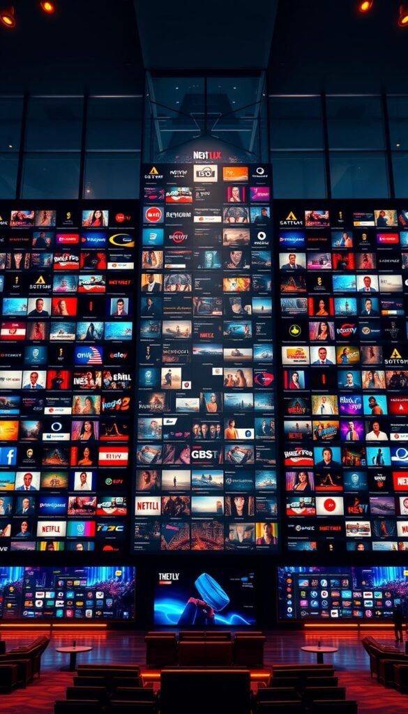 A massive library of entertainment options showcased in a sleek, modern interface. In the foreground, a grand, towering display wall illuminated by warm, cinematic lighting, showcasing the depth and breadth of the Hoxtoon Provider content library - over 21,000 live TV channels and 150,000+ video-on-demand titles. The middle ground features an immersive, cinematic backdrop, with a sense of depth and dimensionality. The background is a softly blurred cityscape, suggesting the global reach and scale of the Hoxtoon Provider network. The overall mood is one of excitement, anticipation, and the promise of endless entertainment possibilities.