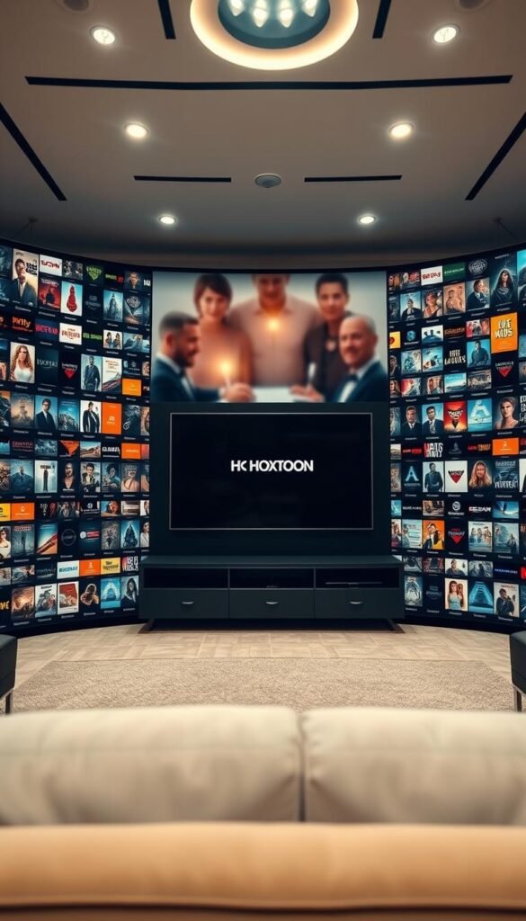 A massive, modern media center interface showcasing the extensive VOD library of Hoxtoon Provider. The foreground features rows of movie and TV show thumbnails, each with a high-quality poster and title, creating a visually striking and well-organized arrangement. The middle ground depicts a sleek, minimalist design with clean lines and a dark, sophisticated color palette, evoking a premium, cinematic atmosphere. The background subtly blurs into an out-of-focus view of a living room setting, suggesting the intended home environment for this vast on-demand entertainment hub. Bright, directional lighting from various angles highlights the content and user interface, lending a sense of depth and visual interest. The overall impression is one of a robust, professionally curated VOD library that caters to a wide range of tastes and preferences.