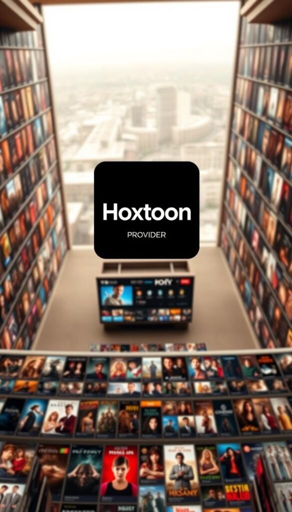A massive movie and TV show library with the Hoxtoon Provider logo prominently displayed. The foreground shows rows of movie posters and TV show thumbnails, with a wide variety of genres and titles. The middle ground features a sleek, modern user interface with clean lines and a minimalist design. The background showcases a blurred cityscape or landscape, hinting at the global reach and accessibility of the Hoxtoon IPTV VOD library. The lighting is warm and inviting, creating a cozy, cinematic atmosphere. The camera angle is slightly elevated, giving a bird's-eye view of the impressive content selection.