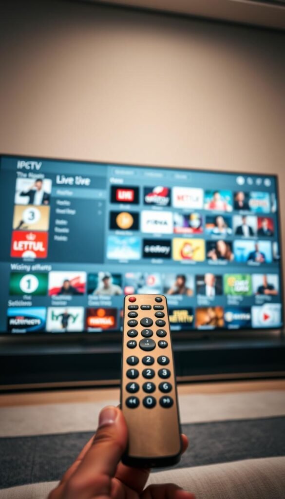 A massive, sleek IPTV interface dominates the frame, displaying a diverse array of live TV channels from the Hoxtoon Provider content library. The interface is rendered in a minimalist, high-contrast design with clean lines and intuitive navigation. In the foreground, a remote control hovers, its modern silhouette and brushed metal finish complementing the digital display. The background features a blurred cityscape, hinting at the global reach and comprehensive content offerings of the Hoxtoon service. Soft, diffused lighting creates a sense of depth and sophistication, while the overall composition conveys the power and convenience of the IPTV experience.