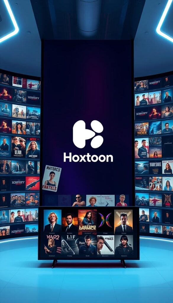 A massive, sleek, and modern VOD library interface designed by the Hoxtoon Provider. The foreground features a clean grid layout of various movie and TV show thumbnails, inviting the viewer to explore the extensive catalog. The middle ground showcases a prominent Hoxtoon logo, conveying the brand's identity. The background depicts a futuristic, minimalist setting with vibrant hues and subtle lighting, creating an immersive and visually appealing atmosphere. The overall composition exudes a sense of sophistication, high-quality content, and a premium streaming experience.