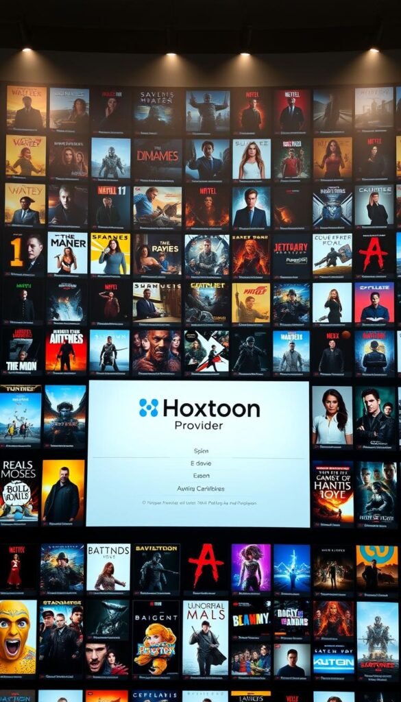 A massive, sleek, and modern VOD library interface, showcasing the Hoxtoon Provider brand. In the foreground, a grid of movie and TV show thumbnails, each with vivid, high-definition artwork. The middle ground features a clean, minimalist design with a prominent Hoxtoon logo and intuitive navigation menu. The background is bathed in a soft, ambient lighting, creating a cozy, cinematic atmosphere. The overall composition conveys a sense of depth, accessibility, and an extensive, high-quality media collection at the user's fingertips.