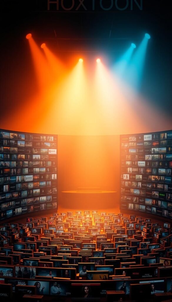 A massive video library unfolds, showcasing the Hoxtoon Provider's premium IPTV España service. In the foreground, rows of movie and TV show thumbnails cascade across the screen, hinting at the vast catalogue of over 150,000 titles. The middle ground features sleek, minimalist interface elements, inviting the viewer to explore this vast entertainment universe. In the background, a subtle gradient shifts from warm ochres to cooler blues, creating a sense of depth and sophistication. Dramatic cinematic lighting illuminates the scene, casting dramatic shadows and highlights that accentuate the high-quality content on display. The overall mood is one of grandeur, quality, and the promise of endless entertainment at the viewer's fingertips.