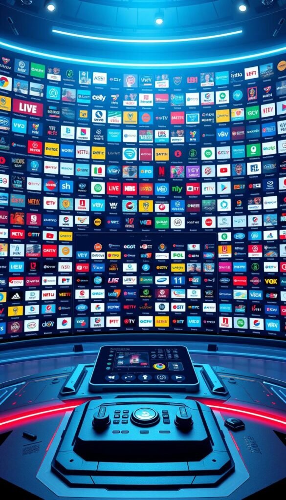 A massive virtual interface showcasing the extensive Hoxtoon Provider IPTV channel library. Vibrant and sleek digital panels display a sprawling grid of channel logos, meticulously organized by genre and popularity. The foreground features a central panel highlighting the breadth of content, from live news and sports to on-demand movies and TV shows. The middle ground depicts a futuristic control hub, with sliders and toggles for navigating the vast catalog. The background depicts a sleek, minimalist tech environment, with subtle lighting effects and hints of the Hoxtoon Provider branding. The overall composition conveys a sense of scale, technology, and the unparalleled depth of Hoxtoon's IPTV offering.