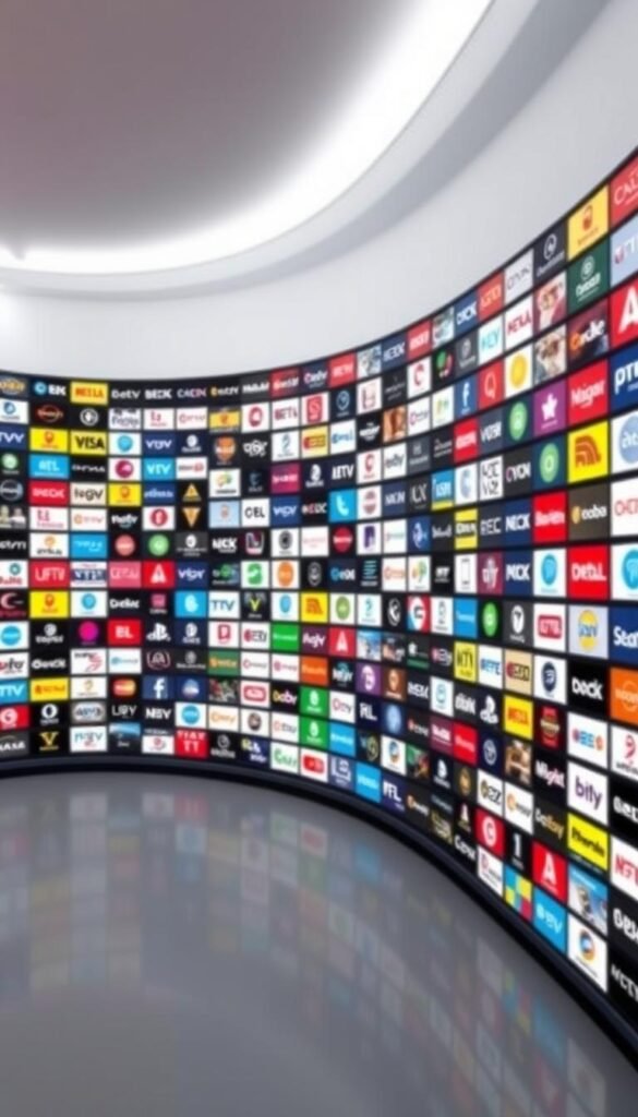 A massive wall of IPTV channel logos stretches across the frame, showcasing the impressive breadth of the Hoxtoon Provider content library. Vibrant, detailed logos are arranged in a grid, hinting at the 21,000+ channels available. The background is a sleek, modern studio setting with soft, directional lighting that accentuates the channels. The overall aesthetic is clean, professional, and inviting, reflecting the premium quality of the Hoxtoon Provider service.