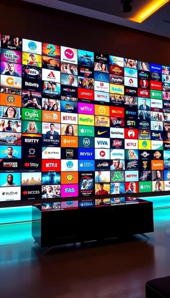 A massive wall-sized display showcases a diverse array of high-quality IPTV channels, meticulously curated by the Hoxtoon Provider. The scene is bathed in a warm, cinematic lighting, highlighting the vibrant colors and sharp details of the channels. In the foreground, a sleek, modern media center sits, its minimalist design complementing the dynamic visuals on the display. The overall atmosphere conveys a sense of technological sophistication and entertainment abundance, perfectly capturing the essence of Hoxtoon's extensive 21,000+ channel lineup.