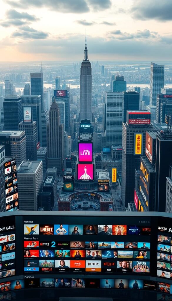 A massive, wall-to-wall content library of the Hoxtoon Provider platform, showcasing its extensive catalog of live TV channels, on-demand movies, and trending shows. In the foreground, a sleek, ultramodern interface with vibrant, high-definition thumbnails and crisp, legible category titles. The middle ground features a dynamic array of genre-specific sections, each with a distinct color palette and stylized iconography. In the background, a breathtaking cityscape with towering skyscrapers and neon-lit billboards, conveying a sense of urban sophistication and technological innovation. Soft, diffused lighting casts a warm, inviting glow over the entire scene, creating an atmosphere of entertainment and exploration.