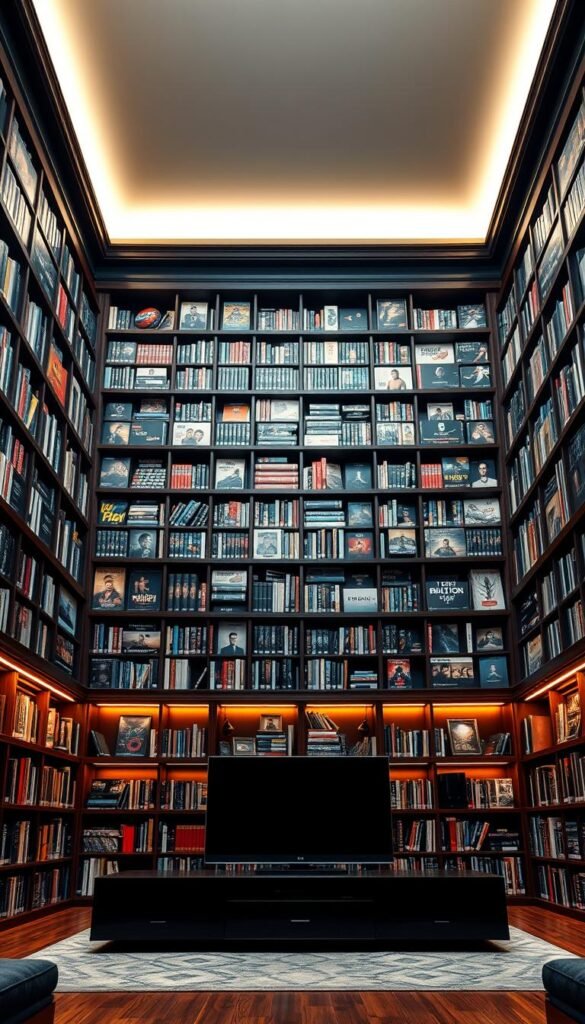 A massive, well-lit, high-resolution library interior, showcasing a stunning collection of movies and TV shows. Elegant dark wood shelves stretch from floor to ceiling, filled with a diverse range of digital media. Soft, warm lighting casts a cozy glow, highlighting the premium quality and depth of the Hoxtoon Provider IPTV Smarter Pro VOD Library. In the foreground, a sleek, modern entertainment system with a large, high-definition display takes center stage, ready to immerse viewers in a world of cinematic wonder. The atmosphere exudes a sense of exclusivity and high-end entertainment, reflecting the premium nature of the Hoxtoon Provider service.