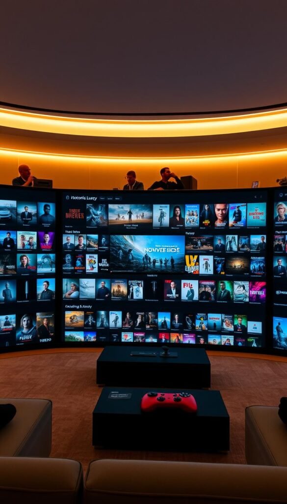 A massive, well-organized video-on-demand library belonging to the Hoxtoon Provider, showcasing a vast array of high-quality movies and TV shows. The sleek, modern interface features a clean, minimalist design with intuitive navigation, allowing users to easily browse and discover new content. Subtle, warm lighting illuminates the scene, creating a cozy, inviting atmosphere. The layout is structured with a prominent central display showcasing featured titles, surrounded by neatly organized genre categories and search functions. The overall impression is one of a comprehensive, user-friendly platform that caters to a wide range of entertainment preferences.