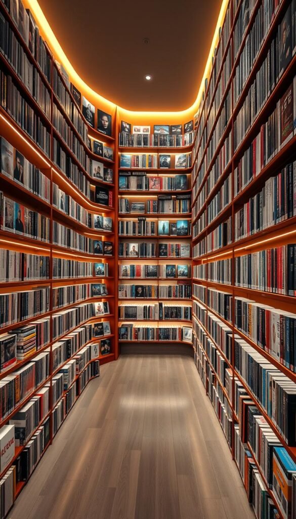 A massive, well-organized video-on-demand library filled with a diverse array of movies, TV shows, and documentaries, showcasing the extensive content catalog of the Hoxtoon Provider. The shelves are neatly arranged, with a warm, inviting lighting that illuminates the vast collection. The space has a sleek, modern design with clean lines and minimalist accents, creating a visually appealing and immersive experience. The camera captures the library from a slightly elevated angle, highlighting the depth and scale of the content available. The overall atmosphere is one of abundance, quality, and a sense of endless entertainment options for the viewer.