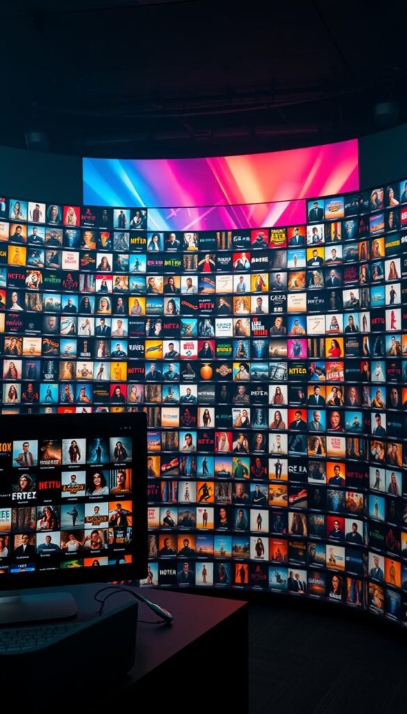 A massive, well-organized video-on-demand library, showcasing the vast collection of over 150,000 movies and shows available on the Hoxtoon Provider platform. The foreground features a sleek, modern interface with neatly arranged thumbnails, enticing the viewer to explore the extensive catalog. The middle ground reveals a vibrant, color-graded backdrop, hinting at the diverse genres and themes within the library. The background subtly suggests a high-tech, cinematic atmosphere, with subtle lighting effects and a sense of depth that draws the viewer into the immersive visual experience. The overall composition conveys the idea of an extensive, curated selection that caters to a wide range of entertainment preferences.