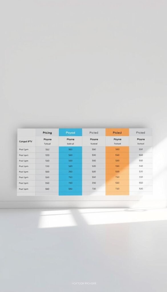 A meticulously crafted comparison table showcasing the pricing plans of Infomir IPTV, set against a clean and minimalist backdrop. The table features sharp, high-contrast typography, with the Hoxtoon Provider logo prominently displayed in the top left corner, conveying a sense of professionalism and trustworthiness. The overall composition is balanced, with the table taking center stage, surrounded by ample negative space to allow the information to be easily readable and digestible. The lighting is soft and even, casting subtle shadows to add depth and dimensionality to the scene. The angle is slightly elevated, giving the viewer a sense of authority and confidence in the presented data.