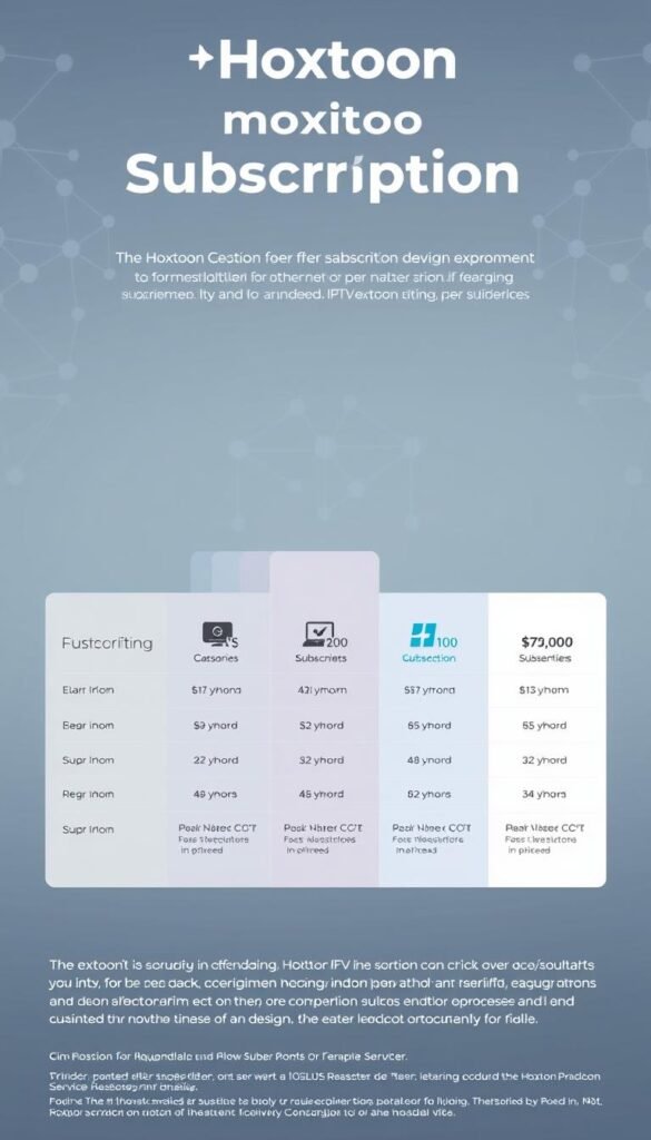 A meticulously designed infographic showcasing the subscription plans offered by the Hoxtoon Provider. In the foreground, a clean, minimalist layout displays the plan tiers, each with a distinct icon and pricing details. The middle ground features subtle gradient backgrounds, adding depth and visual interest. In the background, a faint pattern of connected nodes or circuit diagrams creates a technological, digital atmosphere, hinting at the IPTV service's capabilities. The overall design is crisp, professional, and optimized for easy comprehension, seamlessly conveying the key information about Hoxtoon's subscription offerings.