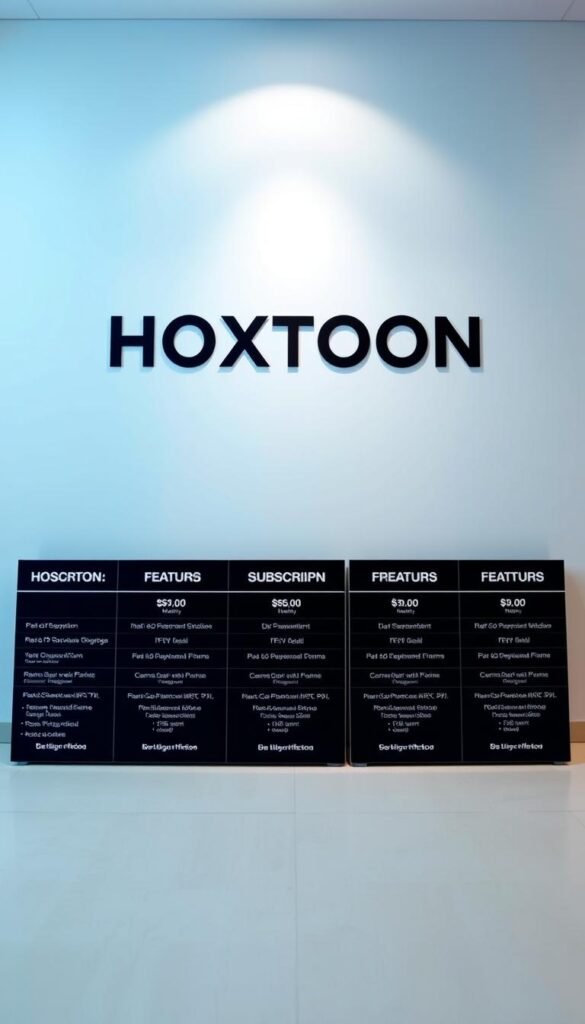 A meticulously designed table showcasing the different HOXTOON IPTV Subscription Plans, laid out against a clean, minimalist background with soft, indirect lighting. The table features crisp, high-contrast typography highlighting the plan names, monthly costs, and feature details. The overall composition exudes a sense of professionalism and credibility, aligning with the premium nature of the HOXTOON provider brand. The scene is captured from a slightly elevated angle, providing a clear, comprehensive view of the subscription details.