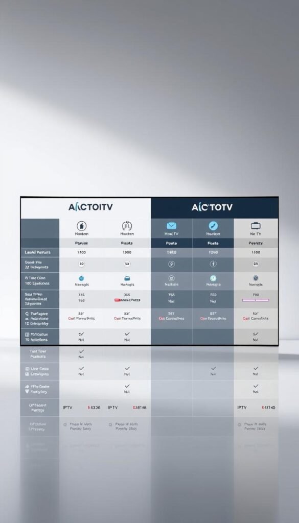 A meticulously detailed comparison of the leading IPTV providers, showcasing their services, features, and performance. The scene depicts a sleek, minimalist interface with a side-by-side layout, highlighting the key attributes of the Hoxtoon Provider alongside its competitors. The foreground features crisp, high-resolution icons and infographics, while the middle ground displays neatly organized data and statistics. The background is a subtle, gradient-based design that creates a sense of depth and professionalism. The lighting is soft and diffused, creating a clean, modern aesthetic. The overall composition conveys a comprehensive, data-driven analysis of the IPTV market, empowering the viewer to make an informed decision.