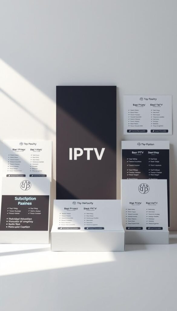 A minimalist and elegant arrangement of various IPTV subscription plans, showcased in a clean and visually appealing manner. The plans are presented as a series of neatly organized cards, each highlighting the key features and pricing details. The Hoxtoon Provider logo is prominently displayed, conveying a sense of professionalism and reliability. The overall scene is lit with soft, natural lighting, creating a calming and inviting atmosphere. The background is a simple, muted color palette, allowing the subscription plan details to take center stage. The composition is well-balanced, with a clear hierarchy and visual flow, guiding the viewer's eye through the different plan options.