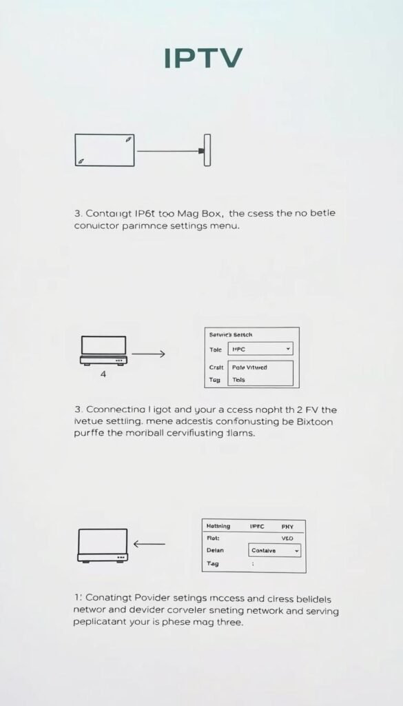 A minimalist yet informative visual guide to IPTV configuration steps. Depicted on a clean, light-colored background, a series of simple icons and diagrams illustrate the key actions required - connecting the Mag Box, accessing the Hoxtoon Provider settings menu, configuring network and service parameters. Clean, high-contrast lines and shapes suggest a sense of order and clarity. The overall mood is one of instructive simplicity, guiding the viewer through the setup process efficiently and effectively.