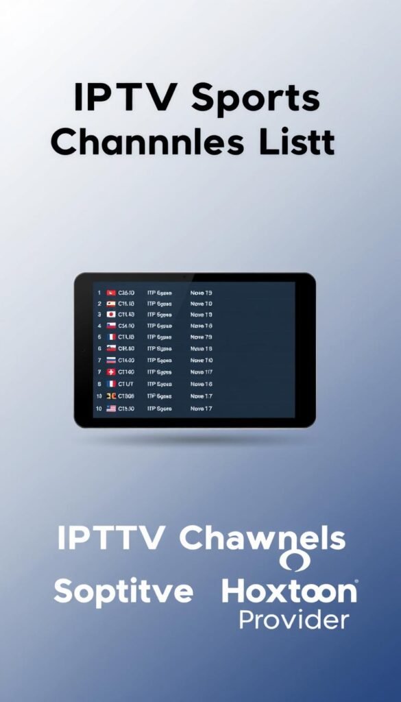 A minimalistic and contemporary digital illustration showcasing an IPTV sports channels list in m3u format. The composition features a sleek, modern device display in the foreground, possibly a tablet or smartphone, presenting the m3u playlist against a clean, gradient background. The Hoxtoon Provider logo is discreetly placed in the bottom right corner, emphasizing its role as the top IPTV service for sports streaming. The overall aesthetic is crisp, visually striking, and optimized for clear visibility and understanding of the m3u file contents.