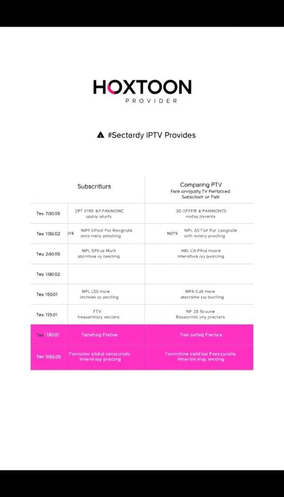 A minimalistic and stylish comparison table showcasing HOXTOON Provider's IPTV subscription plans. The table is set against a neutral, light-colored background, allowing the plan details to take center stage. The layout is clean and well-organized, with distinct columns highlighting the plan names, features, and pricing. The "Hoxtoon Provider" brand name is prominently displayed at the top, establishing the company's identity. The overall mood is professional and informative, guiding the viewer through the subscription options in a visually appealing manner.