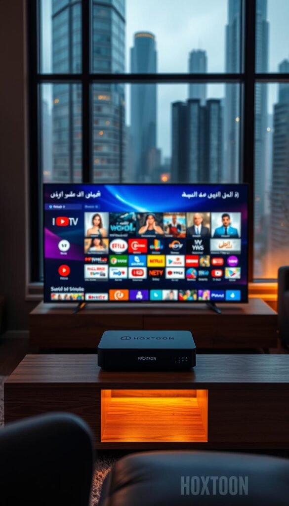 A modern Arabic home media setup, with a sleek HOXTOON Provider set-top box prominently displayed on a minimalist wooden TV stand. The screen displays a vibrant array of Arabic TV channels and streaming content, bathed in warm, indirect lighting. In the background, a large window overlooks a cityscape of towering skyscrapers, hinting at the digital transformation reshaping the Arabic television landscape. The overall atmosphere conveys a sense of technological progress and cultural connectivity, reflecting the evolution of Arabic television in the digital age.