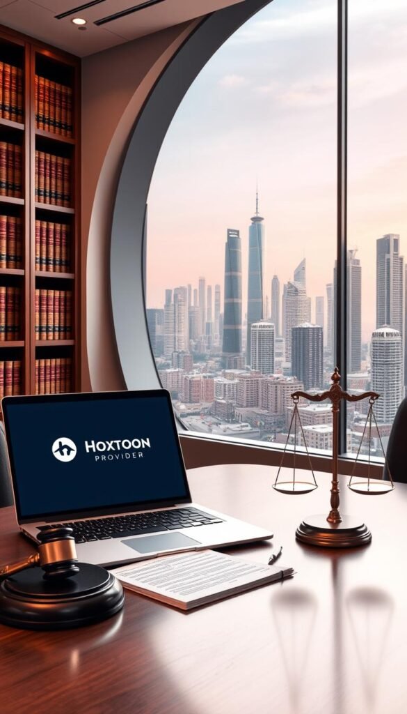 A modern Arabic office interior with a large curved window overlooking a bustling city skyline. On the desk, a sleek laptop displays the Hoxtoon Provider logo, surrounded by neatly organized legal documents. Soft indirect lighting casts a warm glow, conveying a sense of professionalism and compliance. In the foreground, a gavel and scales of justice symbolize the legal and regulatory aspects of the Hoxtoon service. The middle ground features bookshelves filled with legal tomes, adding an air of authority. The background showcases the vibrant cityscape, suggesting the global reach and scale of the Hoxtoon IPTV operations.