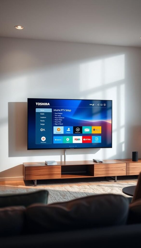 A modern Toshiba Smart TV set against a sleek, minimalist living room backdrop. The TV screen displays the intuitive IPTV setup interface of the Hoxtoon Provider, with clean lines, vibrant colors, and easy-to-navigate menu options. Soft, diffused lighting illuminates the scene, creating a warm and inviting atmosphere. The TV is placed on a modern, wooden entertainment unit, complemented by subtle, contemporary decor elements. The overall composition conveys a sense of technological sophistication and seamless integration into the home environment.