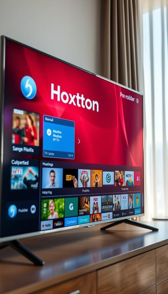 A modern and immersive IPTV service interface displayed on a high-resolution LED TV screen. The scene features the Hoxtoon Provider brand prominently showcased, with a vast array of live TV channels, on-demand content, and intuitive navigation controls. The lighting is bright and natural, creating a sleek and inviting atmosphere. The camera angle captures the screen at an eye-level perspective, allowing the viewer to envision the comprehensive IPTV experience. The background blurs softly, keeping the focus on the detailed interface and the Hoxtoon Provider branding.