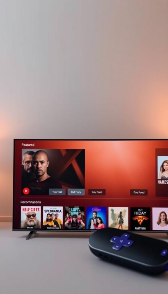 A modern and intuitive Roku TV interface showcasing the Hoxtoon Provider service. In the foreground, a sleek and minimalist home screen layout with crisp icons and high-resolution thumbnails for featured content. The middle ground highlights a curated selection of the vast Hoxtoon VOD library, with genre categories and recommendations neatly organized. In the background, a subtle yet captivating visual style with a soft, ambient lighting that creates a warm and inviting atmosphere. The overall composition conveys a sense of user-friendly navigation and effortless content discovery, reflecting the Hoxtoon Provider's focus on providing a seamless streaming experience on Roku TV.