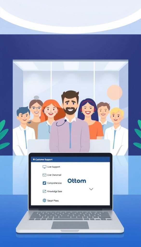 A modern and minimalist digital illustration showcasing the customer support resources of the Hoxtoon Provider. In the foreground, a sleek laptop displays the Hoxtoon logo and a well-organized menu of support options, including live chat, email, and a comprehensive knowledge base. The middle ground features a team of friendly, diverse customer service representatives, each with a warm and approachable expression, ready to assist users. The background depicts a clean, professional office environment with hints of the Hoxtoon brand colors, creating a cohesive and visually appealing scene. The overall atmosphere conveys a sense of efficiency, reliability, and dedication to customer satisfaction.