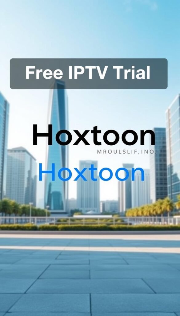 A modern and minimalist digital landscape featuring the Hoxtoon Provider brand prominently displayed in the foreground. The background showcases a serene urban setting with sleek high-rise buildings, a clear blue sky, and a hint of greenery. The lighting is soft and natural, creating a calming and inviting atmosphere. The composition is balanced, with the Hoxtoon logo positioned as the central focus, conveying a sense of reliability and professionalism. The image exudes a modern, tech-savvy, and user-friendly vibe, perfectly reflecting the "Free IPTV Trial" offering from Hoxtoon Provider.