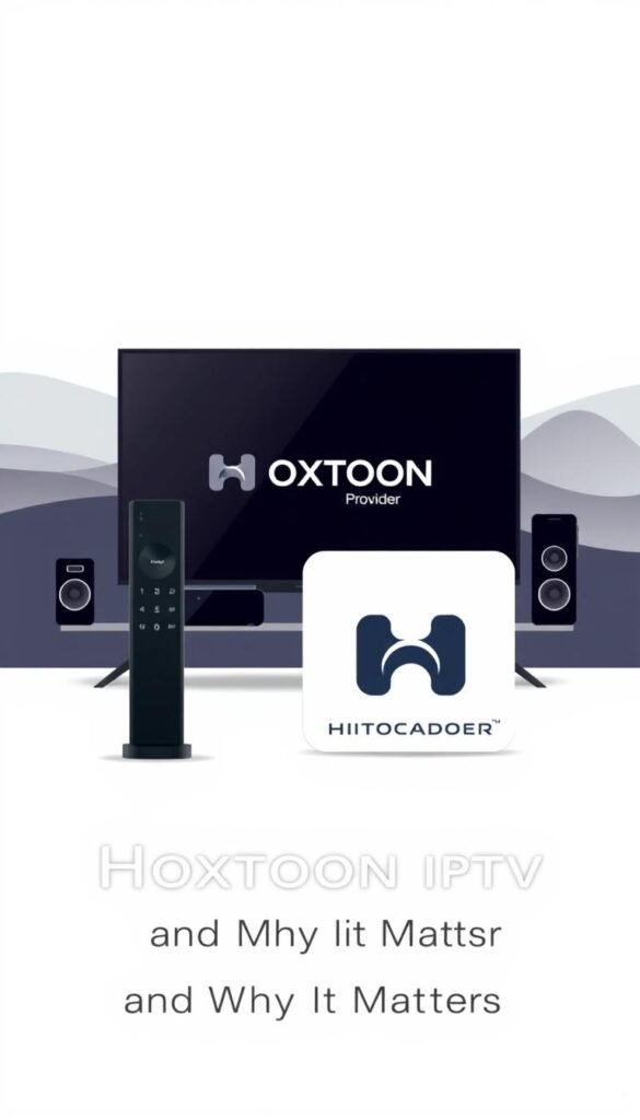 A modern and minimalist illustration of IPTV streaming solutions. In the foreground, a sleek and stylish Hoxtoon Provider logo stands prominently, conveying the brand's premium quality. In the middle ground, various streaming devices such as a smart TV, smartphone, and tablet are neatly arranged, showcasing the versatility of the IPTV platform. The background features a serene, abstract landscape with soft gradients and muted tones, creating a calming and sophisticated atmosphere. The overall composition emphasizes the seamless integration of IPTV technology into everyday life, reflecting the section title "What Is HOXTOON IPTV and Why It Matters."