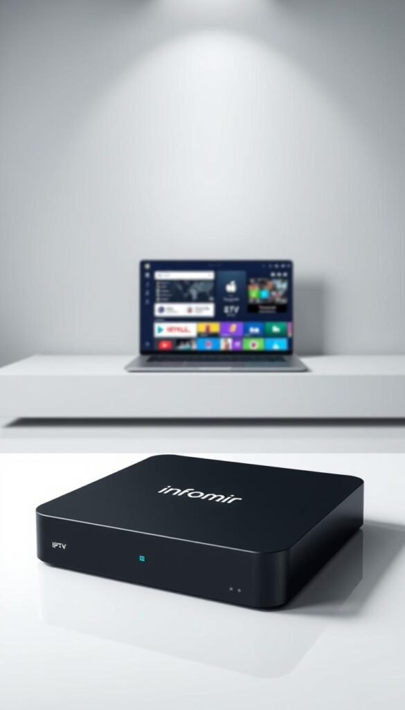 A modern and minimalist illustration of an Infomir IPTV subscription service. In the foreground, a sleek black IPTV box rests on a clean, white surface, its simple yet elegant design taking center stage. The middle ground features a laptop display showcasing the Hoxtoon Provider interface, highlighting the seamless integration and user-friendly experience. In the background, a muted gradient provides a subtle and sophisticated backdrop, drawing the viewer's attention to the key elements. The lighting is soft and diffused, creating a sense of balance and professionalism. The overall composition conveys the reliability, accessibility, and premium quality of the Infomir IPTV subscription through the Hoxtoon Provider platform.