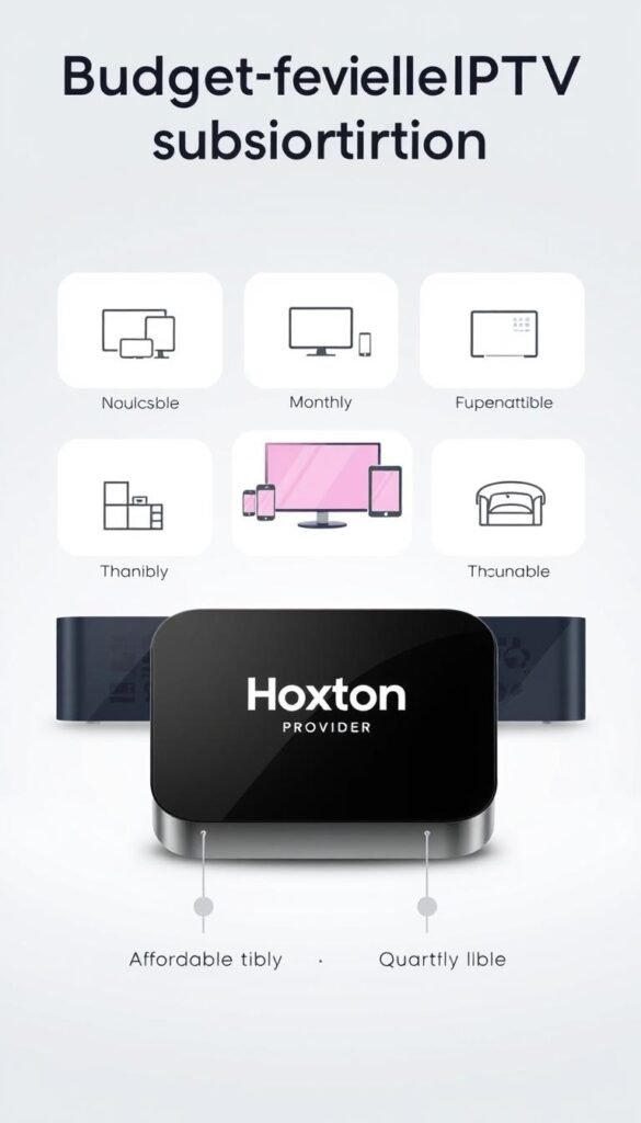 A modern and minimalist illustration showcasing budget-friendly IPTV subscription options. In the foreground, a sleek device, possibly a streaming box or smartphone, prominently displays the Hoxtoon Provider logo. The device is surrounded by a clean, uncluttered arrangement of icons representing the key features - multiple devices, thousands of channels, and affordable monthly and quarterly plans. The background is a soft, gradient-based color palette, conveying a sense of simplicity and accessibility. The overall composition is well-balanced, with a focus on highlighting the core value proposition of the Hoxtoon IPTV service in a visually appealing and informative manner.