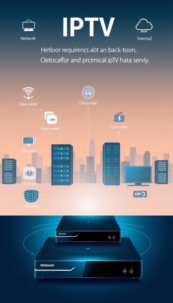 A modern and minimalist illustration showcasing the technical requirements for an optimal IPTV experience. In the foreground, a sleek IPTV box with clean lines and a glowing display. Surrounding it, various technical icons and symbols representing network connectivity, device compatibility, and audio/video specifications. In the middle ground, a series of server racks and data center infrastructure, symbolizing the robust backend required for a premium IPTV service. In the background, a subtle cityscape with skyscrapers, conveying the expansive nature of the Hoxtoon Provider network. The overall mood is one of technological sophistication and reliable performance.