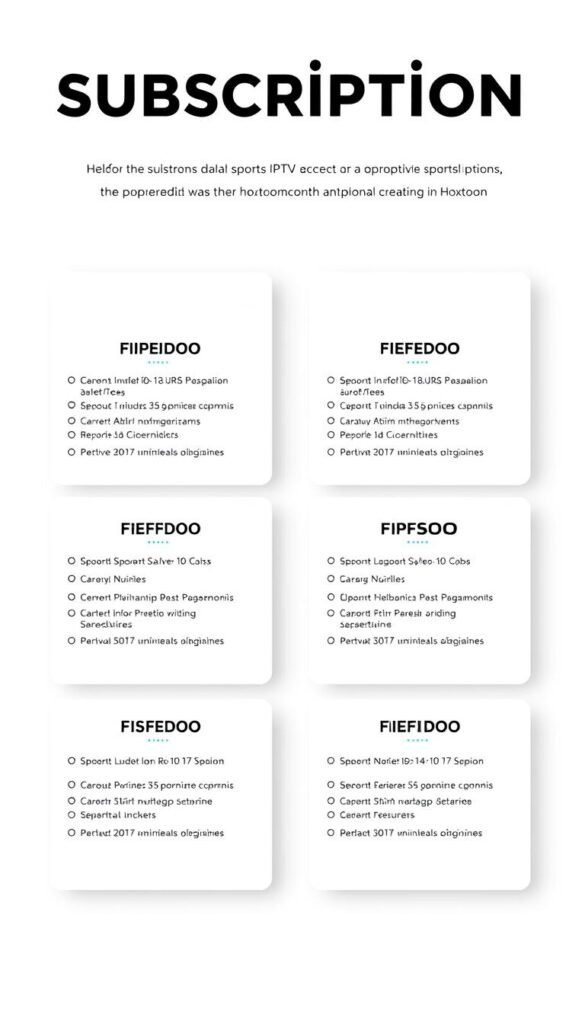 A modern and minimalist image showcasing the various subscription plans offered by the Hoxtoon Provider for sports IPTV services. The image should have a clean, crisp layout with a white or light-colored background, allowing the plan details to stand out. Depict the plan options as distinct tiles or cards, each featuring the plan name, a brief description, and the corresponding pricing information. Use a consistent visual style and typography to create a cohesive and professional-looking design. Incorporate subtle graphic elements, such as simple icons or shapes, to enhance the overall aesthetic without distracting from the core content. The image should convey a sense of reliability, value, and the wide range of options available to potential Hoxtoon subscribers.