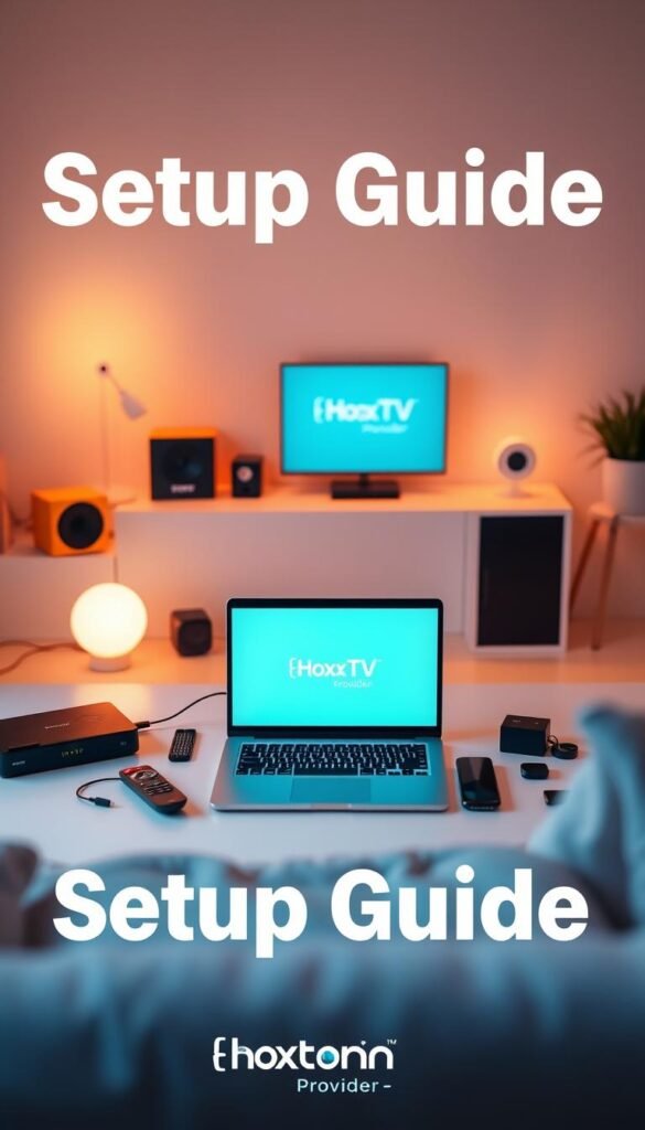 A modern and minimalist setup guide for an IPTV service, showcasing the Hoxtoon Provider brand. The scene depicts a clean and organized workspace, with a laptop, remote control, and various IPTV-related items artfully arranged. Soft, warm lighting creates a cozy atmosphere, while the composition draws the eye to the central elements. The overall aesthetic is sleek and professional, reflecting the technical nature of the subject matter. The image conveys a sense of guidance and ease of use for setting up the IPTV service.