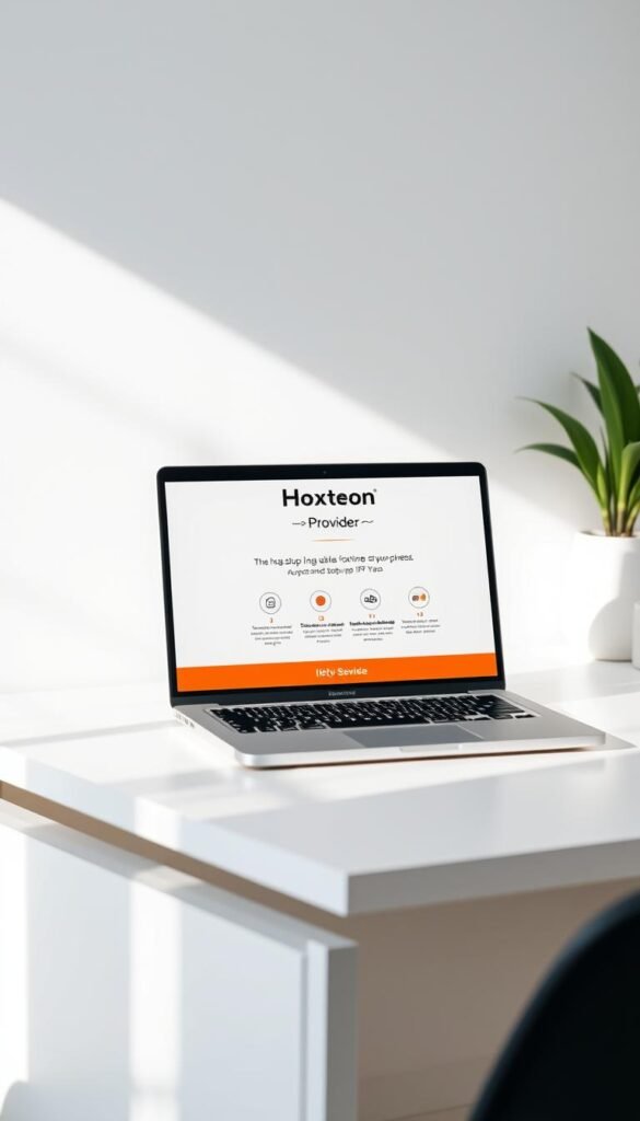 A modern and minimalist setup guide for the Hoxtoon Provider, an IPTV service. The scene depicts a laptop on a clean, white desk, displaying the Hoxtoon logo and a step-by-step setup guide. Soft, natural lighting illuminates the frame, creating a calm and professional atmosphere. The laptop's screen is the focal point, showcasing the setup process in a clear and organized manner. The background is blurred, keeping the attention on the device and the content displayed. The overall composition is balanced and visually appealing, reflecting the ease and simplicity of the Hoxtoon setup experience.