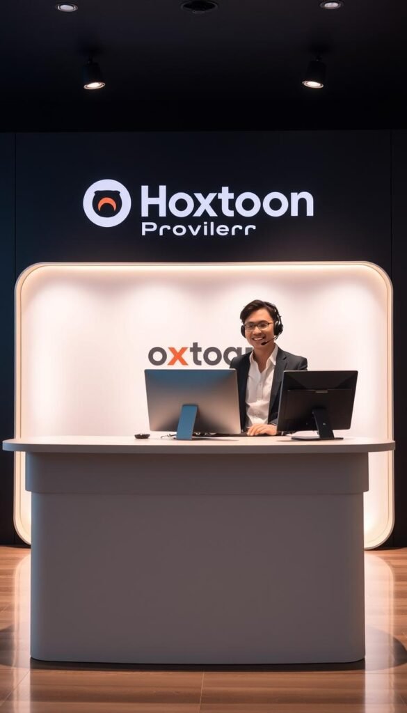 A modern and professional IPTV customer support service desk with a friendly staff member assisting a customer via headset, set against a sleek and minimalist backdrop with the Hoxtoon Provider logo prominently displayed. Soft, even lighting illuminates the scene, creating a warm and approachable atmosphere. The customer service agent is dressed in business casual attire, exuding a sense of competence and reliability. The overall composition conveys the idea of a well-organized, efficient, and responsive IPTV customer support experience.