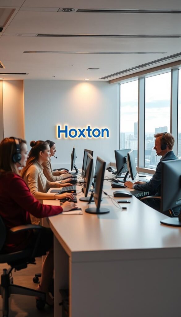 A modern and professional customer support desk for the Hoxtoon Provider, a leading IPTV service in the USA. The scene depicts a spacious and well-lit office space, with a sleek, minimalist design. In the foreground, a team of friendly and knowledgeable support agents are seated at their desks, engaging with customers over headsets and computer screens. The middle ground showcases the Hoxtoon branding prominently displayed on the wall behind the agents, reinforcing the company's identity. The background features an expansive skyline visible through large windows, conveying a sense of openness and professionalism. Warm, directional lighting illuminates the scene, creating a welcoming and approachable atmosphere for the Hoxtoon customer support experience.
