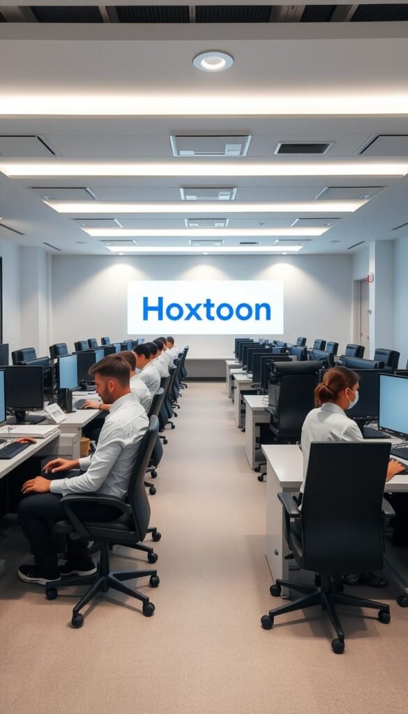 A modern and professional customer support office for the Hoxtoon Provider. The scene depicts a spacious and well-lit room with rows of sleek, minimalist workstations. Agents in crisp white shirts and dark trousers are seated, intently focused on their computer screens, ready to assist customers with any inquiries or issues. The background features a large Hoxtoon Provider logo displayed prominently on the far wall, conveying a sense of trustworthiness and reliability. Soft, indirect lighting from recessed ceiling fixtures creates a warm, inviting atmosphere, while the clean, monochromatic color scheme and modern furniture evoke a sense of efficiency and professionalism. The overall impression is one of a customer-centric, technologically-advanced support team dedicated to providing exceptional service.