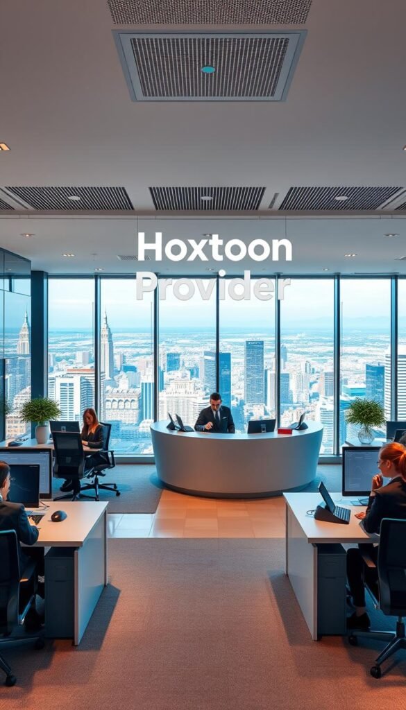 A modern and professional office space with the Hoxtoon Provider logo prominently displayed. The foreground features a group of customer service representatives in business attire sitting at desks, eagerly assisting customers over the phone and via computer screens. The middle ground showcases a sleek, minimalist reception area with a large, curved service counter. The background depicts floor-to-ceiling windows offering a panoramic view of a bustling cityscape, bathed in warm, natural lighting. The overall atmosphere conveys a sense of efficiency, responsiveness, and a commitment to customer satisfaction.
