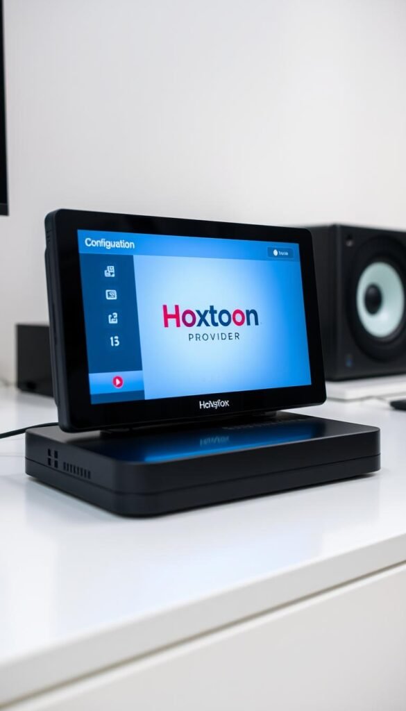 A modern and professional setup of a Mag Box IPTV device, showcasing the configuration interface. The device is prominently displayed, with the Hoxtoon Provider logo clearly visible on the screen. The image has a clean, minimalist design, with a soft, neutral color palette and subtle lighting to highlight the device's features. The camera angle captures the Mag Box at a slight angle, providing a clear view of the interface and creating a sense of depth and perspective. The background is blurred, keeping the focus on the Mag Box and the Hoxtoon Provider branding.