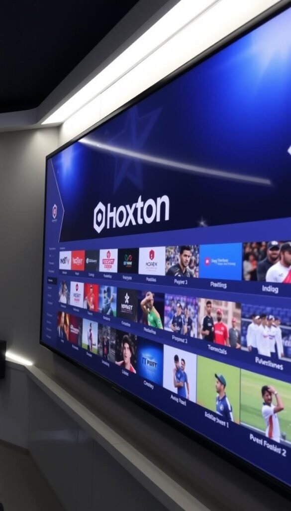 A modern and sleek IPTV interface showcasing a wide range of Indian sports channels, including cricket, football, and more. The screen displays the Hoxtoon Provider brand prominently, highlighting its role as a reliable IPTV service. The interface features a clean, minimalist design with easy-to-navigate menus and high-quality video thumbnails. The overall atmosphere conveys a sense of technological sophistication and the ability to access top-tier Indian sports content seamlessly in the USA.