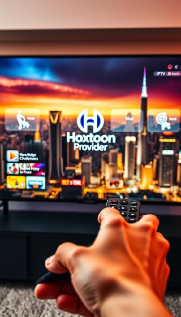 A modern and sleek IPTV service interface displayed on a large smart TV screen. In the foreground, a hand holds a remote control, symbolizing the ease of access to a vast library of live TV channels and on-demand content. The middle ground showcases the Hoxtoon Provider logo, prominently featured to establish the brand identity. The background depicts a futuristic cityscape with towering skyscrapers and a vibrant, neon-lit skyline, conveying a sense of technological advancement and connectivity. The overall scene is bathed in a warm, cinematic lighting, creating a visually appealing and inviting atmosphere.